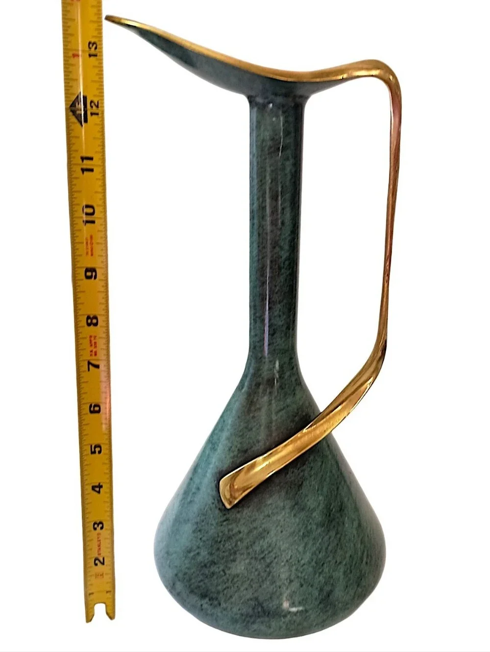 Vintage Pal Bell Brass Ewer Pitcher Israel Green Enamel MCM Modernist Freeform
